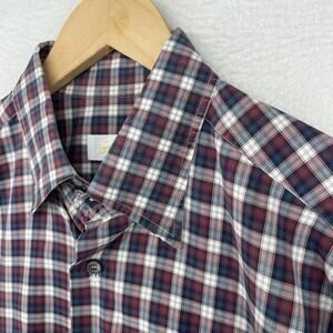 BRIONI Shirt Mens IV L Dress Plaid Hidden Button Collar Woven Cotton Blue Italy